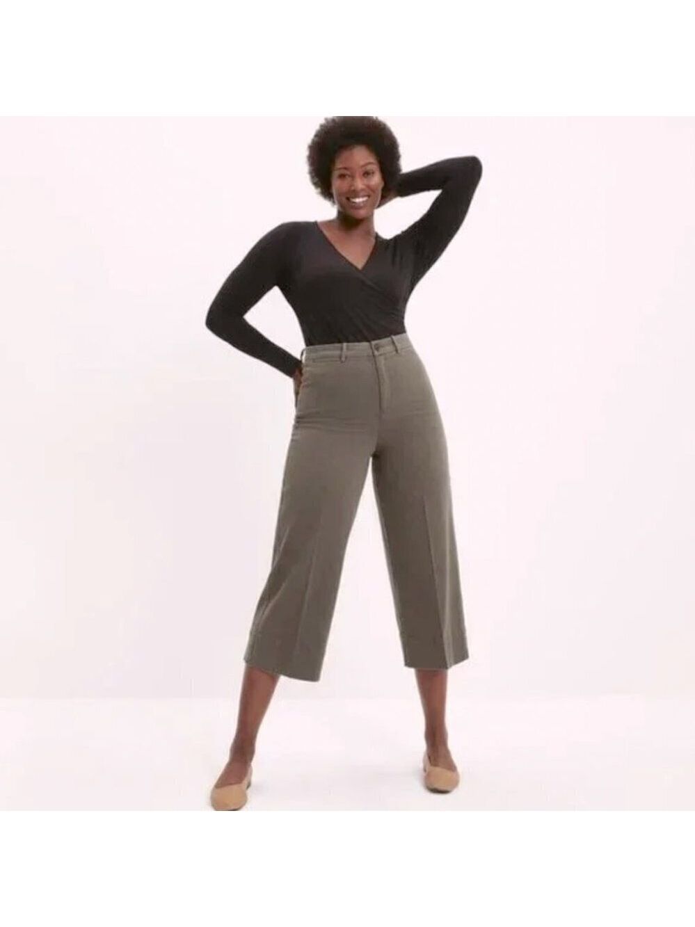 ** Frank & Oak Josephine Olive Green Cropped Wide Leg Twill Pants Size 2